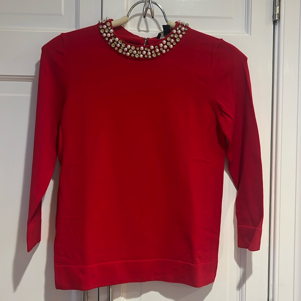 Ann Taylor, red sweater with jeweled neck, viscose, nylon and spandex